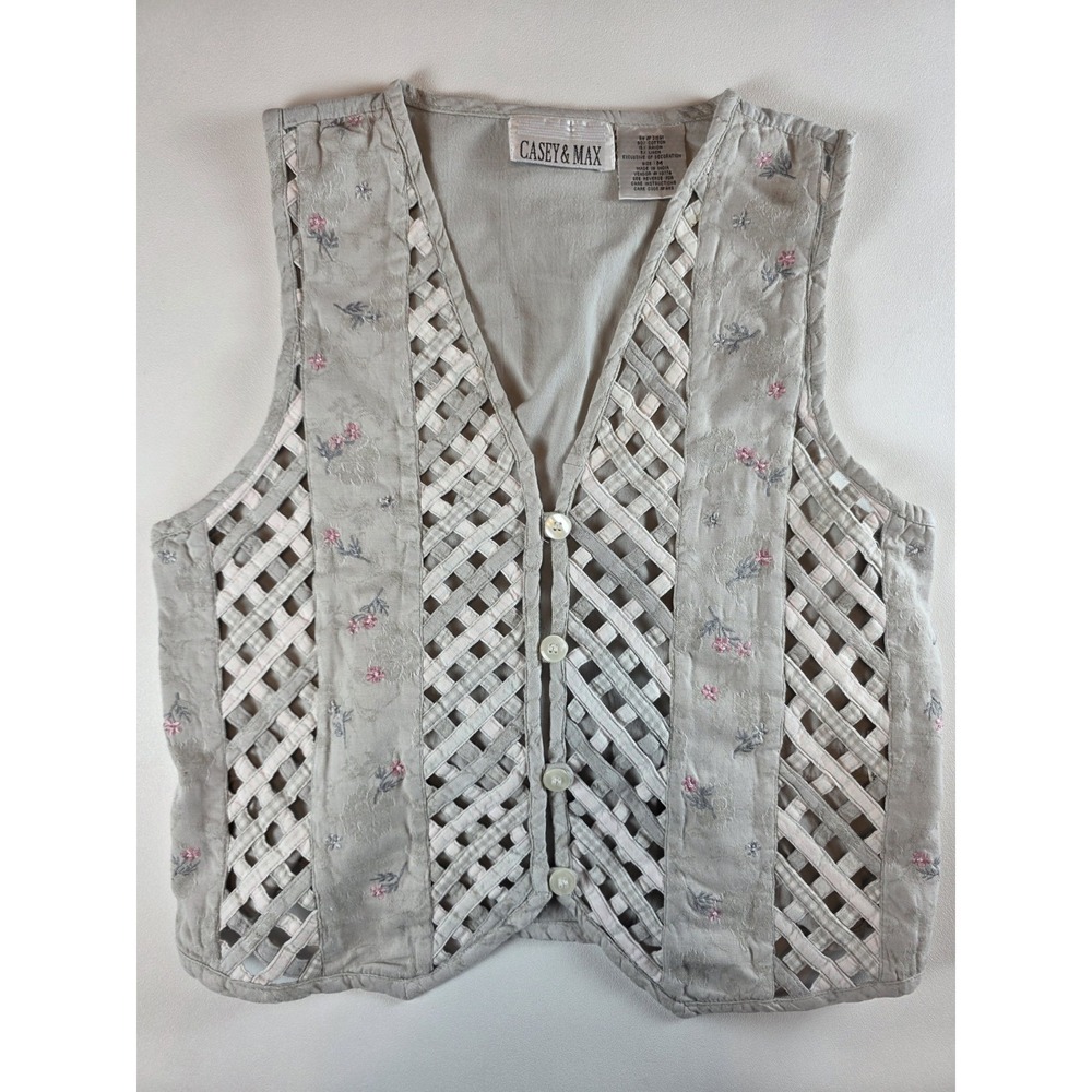 Casey And Max Vest Medium Vintage Linen Cotton Basket Weave Embroidered Tie Back